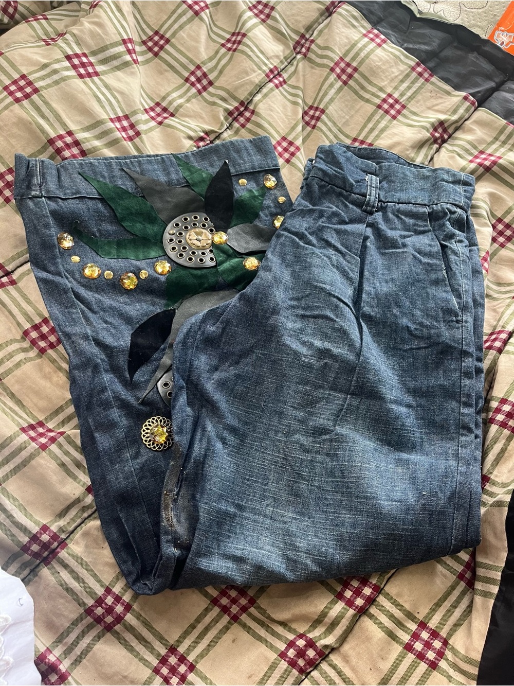 Express Blue Denim Boyfriend Jeans with Floral Stud Detail